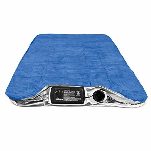 Blue heated blanket with control panel.